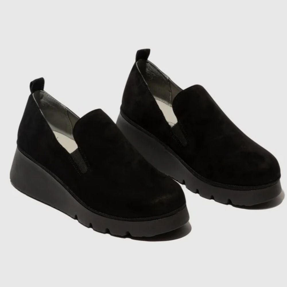 FLY LONDON Women's Black Slip-On Platform PECE406FLY KID SUEDE BLACK,Size 6.5 - Picture 1 of 7